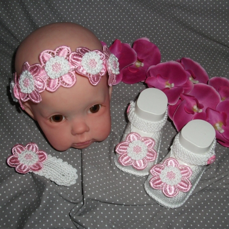 Taufset *Mandelblüte*, Haareif, Haarspange, Babyschuhe