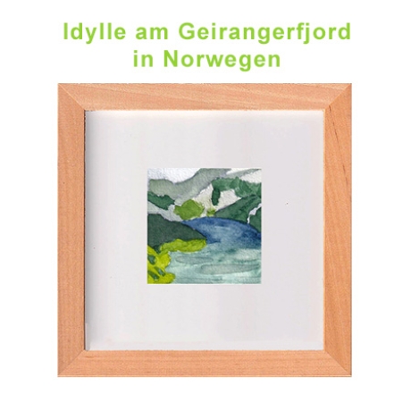 Aquarell Geirangerfjord, Norwegen Miniatur 6 x 6 cm Original