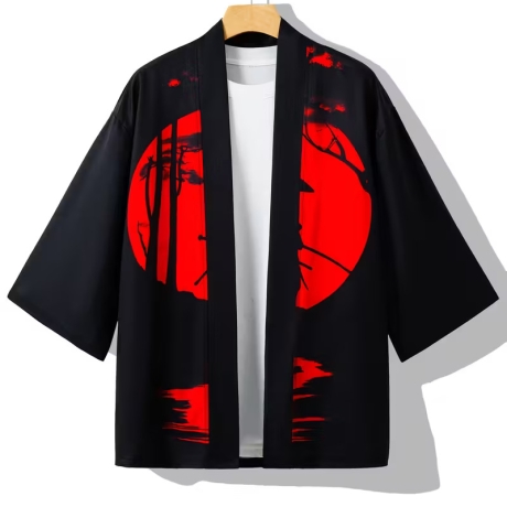 Herren-Kimono, Handarbeit, schwarz mit rotem Motiv, neu, kurz