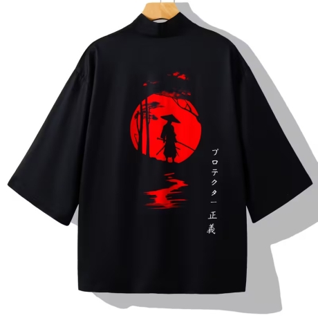 Herren-Kimono, Handarbeit, schwarz mit rotem Motiv, neu, kurz