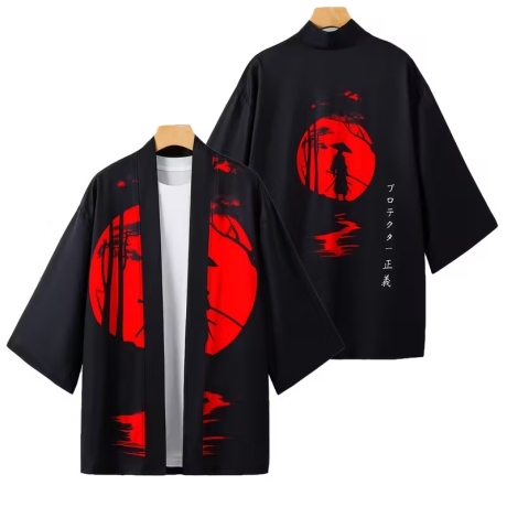 Herren-Kimono, Handarbeit, schwarz mit rotem Motiv, neu, kurz