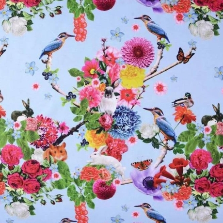 Jersey Blumen Vögel Schmetterlinge hellblau – 150 cm breit