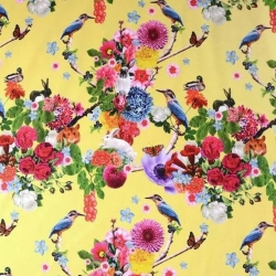 Jersey Blumen Vögel Schmetterlinge gelb – 150 cm breit