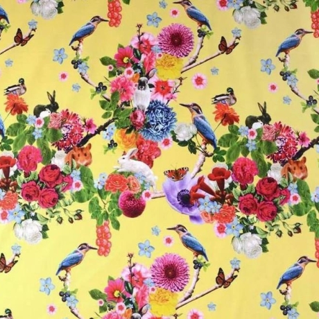 Jersey Blumen Vögel Schmetterlinge gelb – 150 cm breit