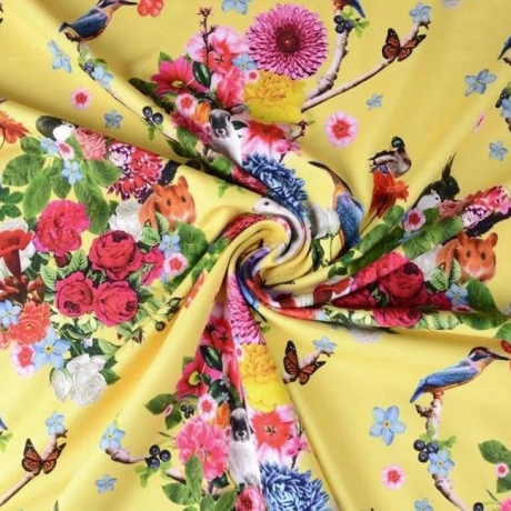 Jersey Blumen Vögel Schmetterlinge gelb – 150 cm breit