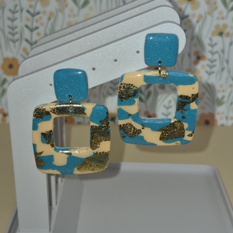 Geometrische Statement Ohrringe Türkis & Apricot mit Blattgold