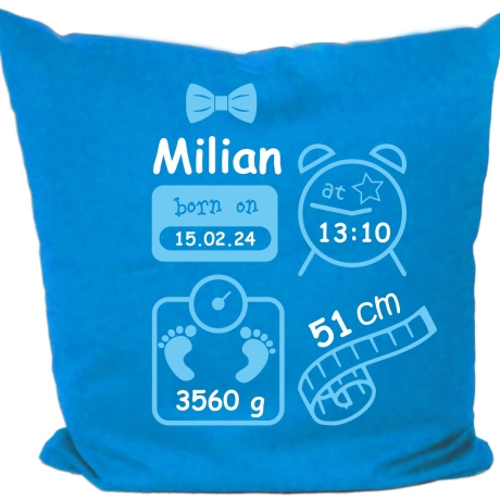 Kissen 40x40 cm SCHLEIFE BOY personalisiert mit Geburtsdaten/Name