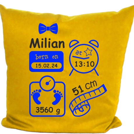 Kissen 40x40 cm SCHLEIFE BOY personalisiert mit Geburtsdaten/Name