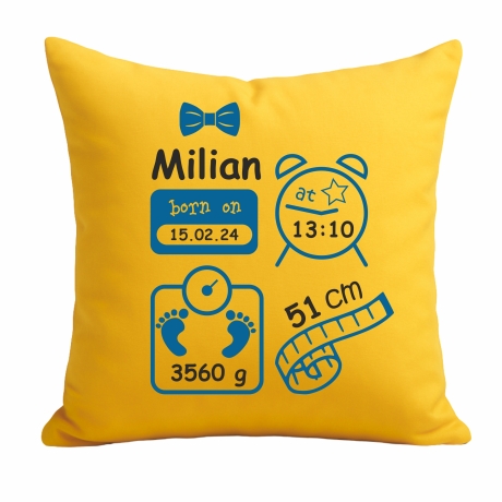 Kissen 40x40 cm SCHLEIFE BOY personalisiert mit Geburtsdaten/Name
