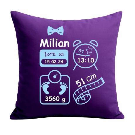 Kissen 40x40 cm SCHLEIFE BOY personalisiert mit Geburtsdaten/Name