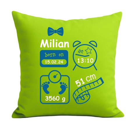 Kissen 40x40 cm SCHLEIFE BOY personalisiert mit Geburtsdaten/Name