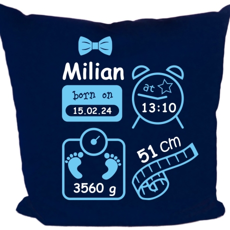 Kissen 40x40 cm SCHLEIFE BOY personalisiert mit Geburtsdaten/Name