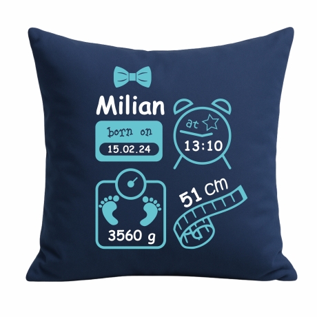 Kissen 40x40 cm SCHLEIFE BOY personalisiert mit Geburtsdaten/Name