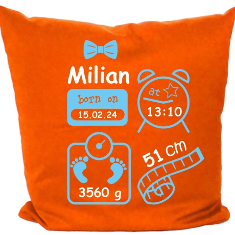 Kissen 40x40 cm SCHLEIFE BOY personalisiert mit Geburtsdaten/Name