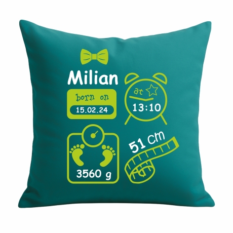 Kissen 40x40 cm SCHLEIFE BOY personalisiert mit Geburtsdaten/Name