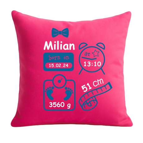 Kissen 40x40 cm SCHLEIFE BOY personalisiert mit Geburtsdaten/Name
