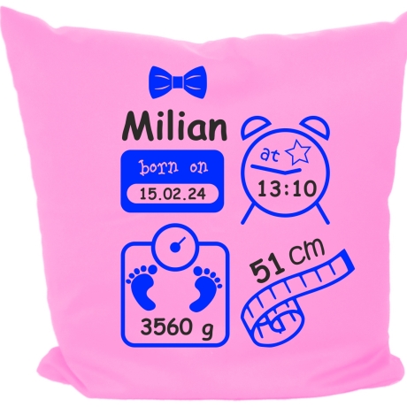 Kissen 40x40 cm SCHLEIFE BOY personalisiert mit Geburtsdaten/Name