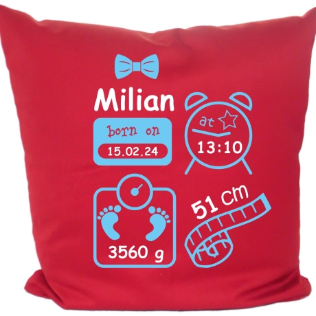 Kissen 40x40 cm SCHLEIFE BOY personalisiert mit Geburtsdaten/Name