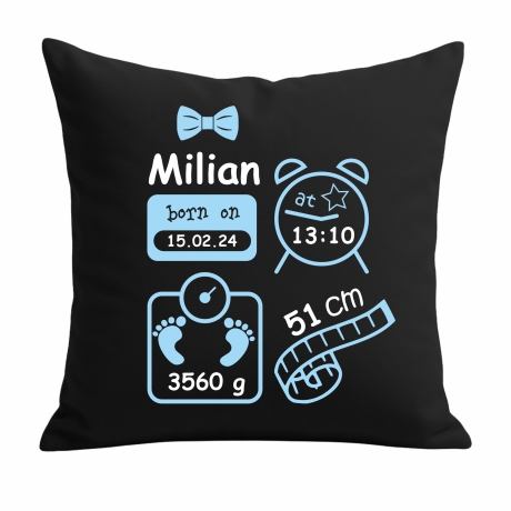 Kissen 40x40 cm SCHLEIFE BOY personalisiert mit Geburtsdaten/Name
