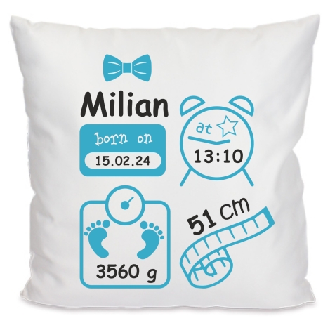 Kissen 40x40 cm SCHLEIFE BOY personalisiert mit Geburtsdaten/Name