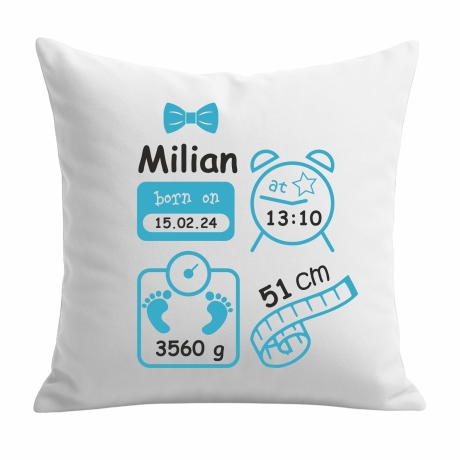 Kissen 40x40 cm SCHLEIFE BOY personalisiert mit Geburtsdaten/Name