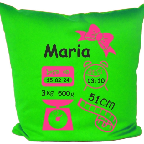 Kissen 40x40 c SCHLEIFE GIRL personalisiert mit Geburtsdaten/Name