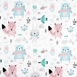 Baumwollstoff Waldtiere Fuchs Bär Hase Rosa Mint 0,5 m