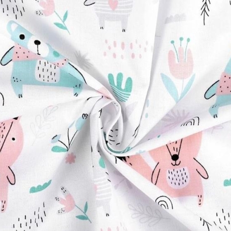 Baumwollstoff Waldtiere Fuchs Bär Hase Rosa Mint 0,5 m