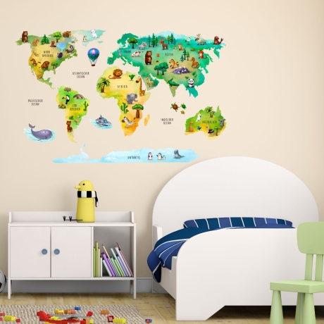 202 Wandtattoo Weltkarte mit Tieren - Kinderzimmer 960 x 660 mm