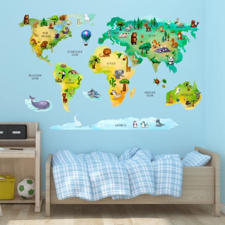 202 Wandtattoo Weltkarte mit Tieren - Kinderzimmer 960 x 660 mm