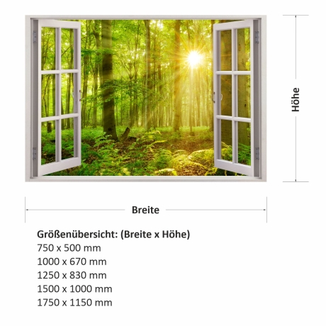 216 Wandtattoo Fenster - grüner Wald 2 Sonnenstrahlen