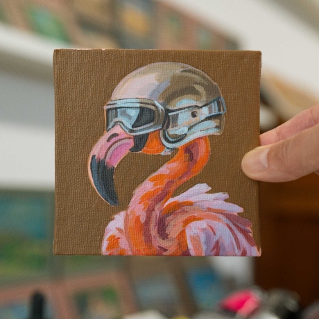 Flamingo, Original, handgemalt, Acrylbild, 10x10 cm, gerahmt