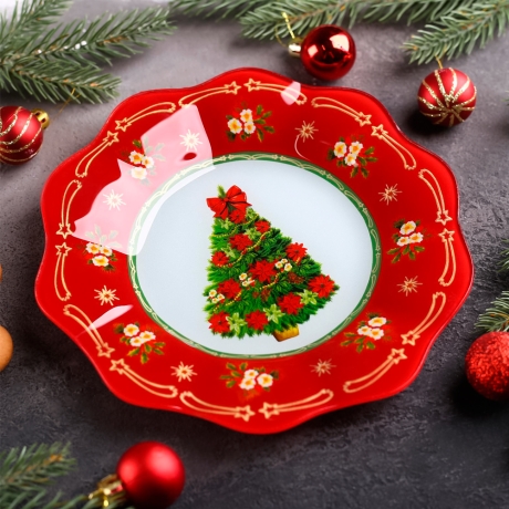 Porzellan Weihnachtsteller, rot, 25 cm, rund, Handarbeit
