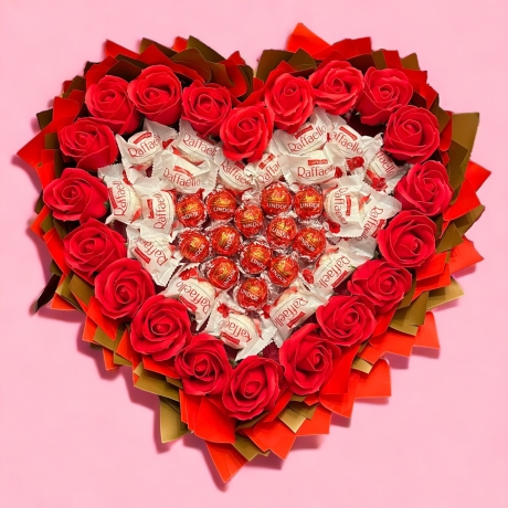 Essbarer Blumenstrauß - Ferrero Rocher mit roten Seifenrosen