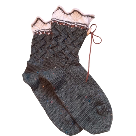 Trachtensocken Tweed Jägergrün/weiß mit Lederband & Knopf Gr.39