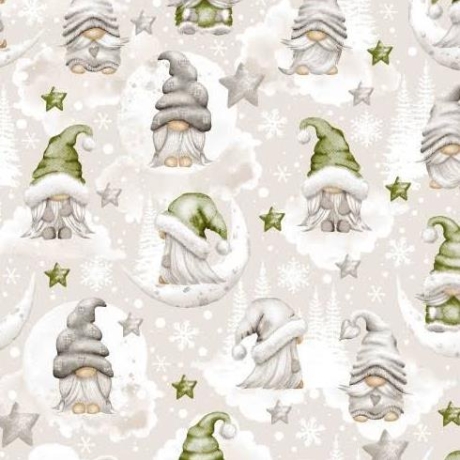 0,5 m Weihnachtsstoff Wichtel Gnome Grün Grau Baumwolle 