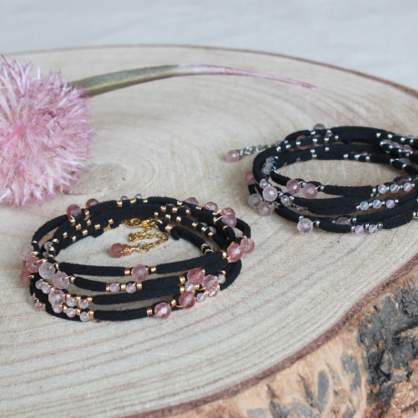 Wickelarmband/Wickelkette Draht umwickelt mit Erdbeerquarz Perlen