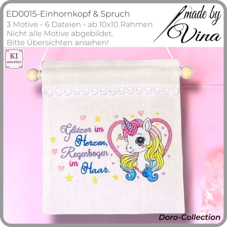 ED0015 – Einhornkopf & Spruch (Doro-Collection) - ab 10x10 Rahmen