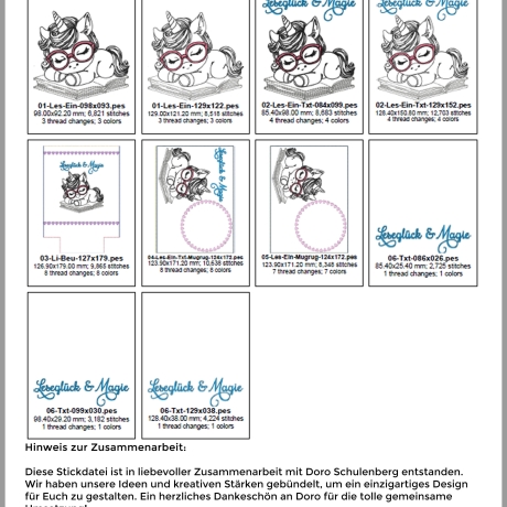 ED0010 – Stickdatei Leseeinhorn inkl. ITH - ab 10x10 Rahmen