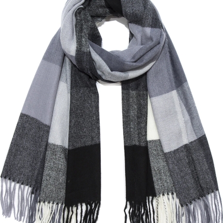 Weicher Karostrick-Schal mit Fransen, 200x70 cm, grau-blau