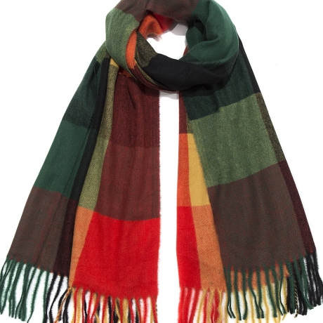 Weicher Karostrick-Schal / Fransen, 200x70 cm, rot-senffarben