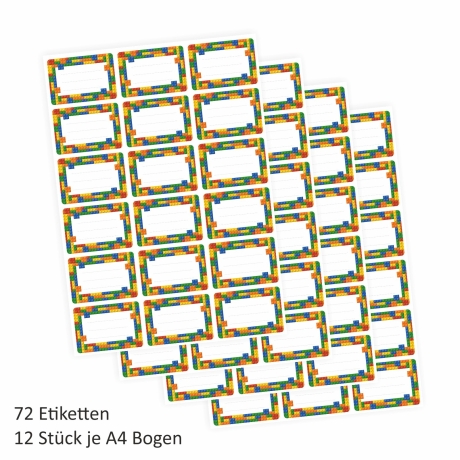 72 Blanko Etiketten Bausteine bunt - 64 x 45 mm