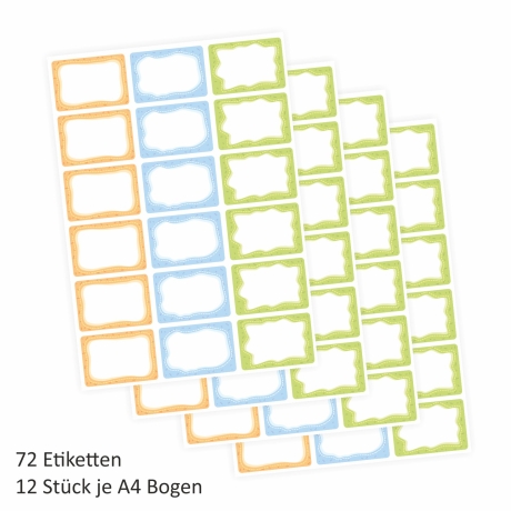 72 Blanko Etiketten bunt orange blau grün - 64 x 45 mm