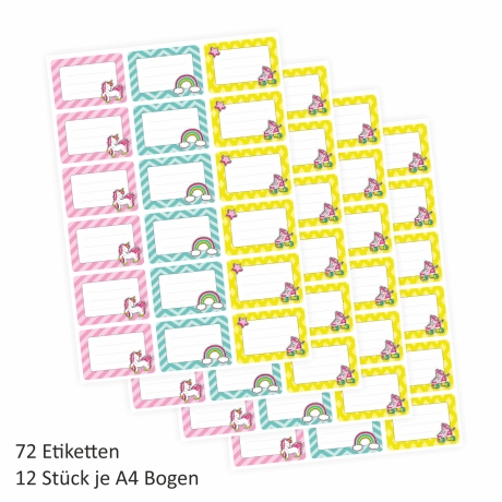 72 Blanko Etiketten Retro Einhorn Regenbogen 64 x 45 mm