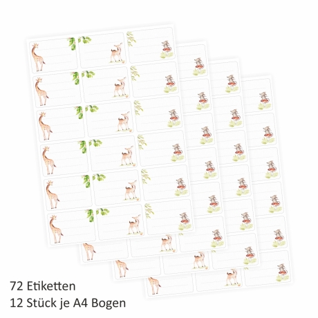 72 Blanko Etiketten Tiere Giraffe Reh und Maus - 64 x 45 mm