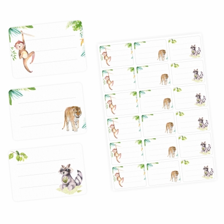 72 Blanko Etiketten Tiere Affe, Tiger und Waschbär - 64 x 45 mm