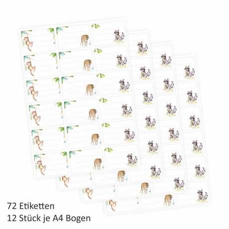 72 Blanko Etiketten Tiere Affe, Tiger und Waschbär - 64 x 45 mm