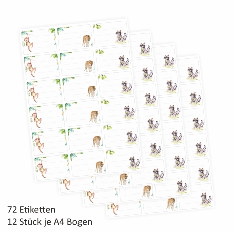 72 Blanko Etiketten Tiere Affe, Tiger und Waschbär - 64 x 45 mm