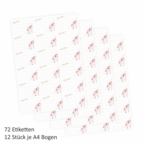 72 Blanko Etiketten Einhorn - 64 x 45 mm