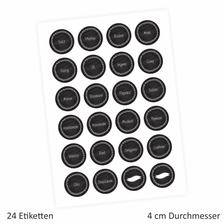 24 Gewürzetiketten - schwarz/weiß - beschriftet rund 4 cm Ø